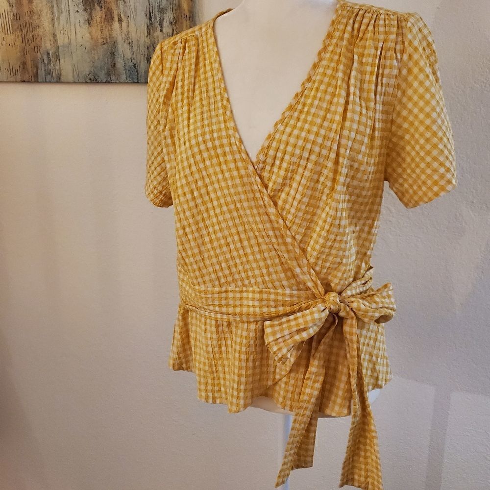 Max Studio Yellow Checker wrap blouse L - Picture 2 of 14